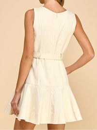 V NEck Belted Ruffle Hem Short Dress
