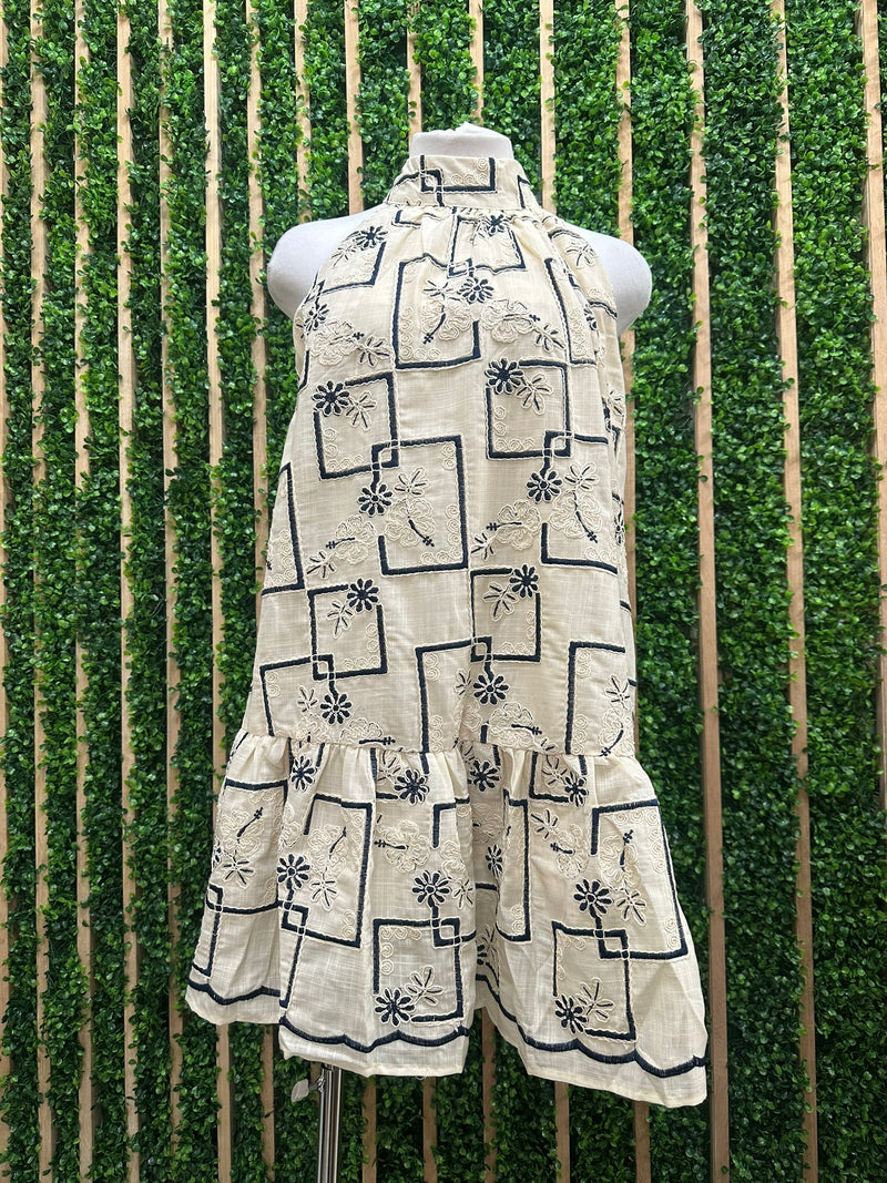 Beautiful Embroidered Soft Blue Ivory Dropwaist Short Dress