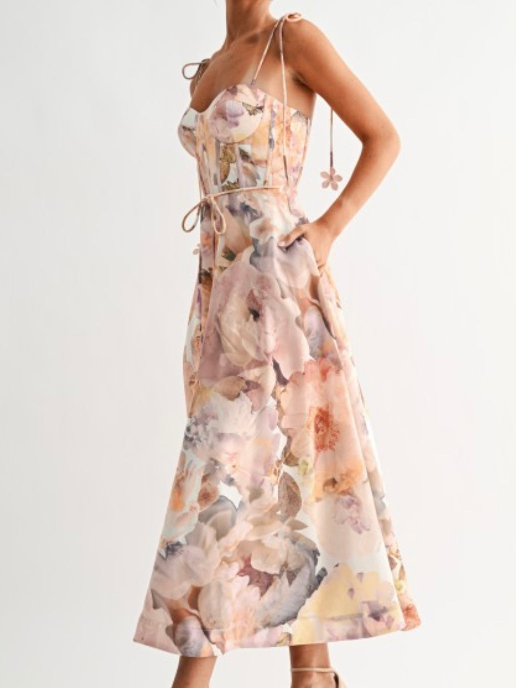 Cream Multi Floral Bustier Midi Dress