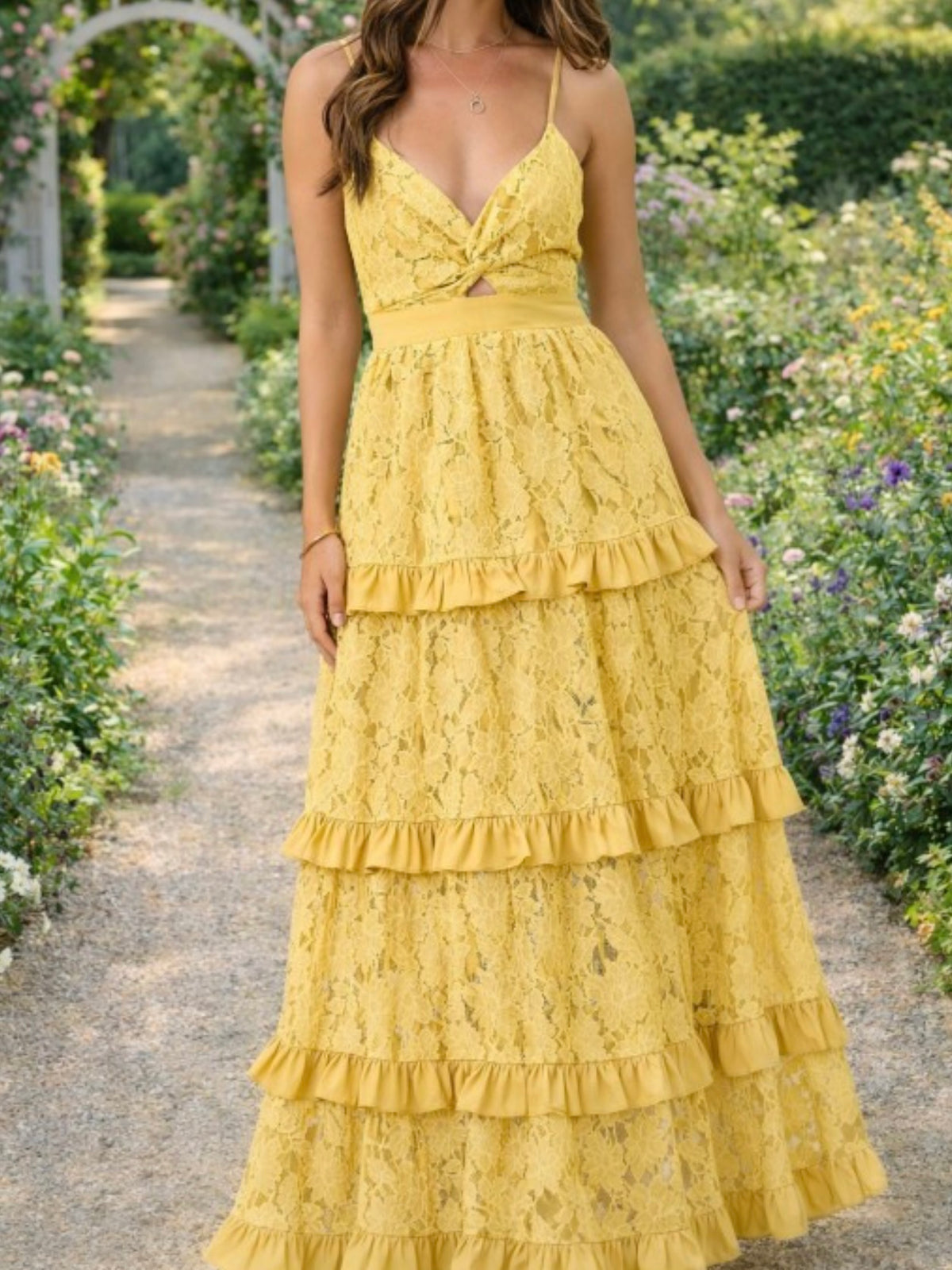 Mustard Lace Tiered Summer Ruffle Maxi Dress