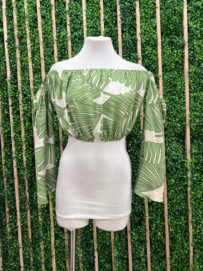 Tropical Leaves Off Shoulder Crop Top
