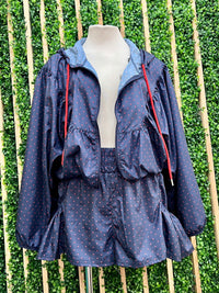 Navy Polka Dot Windbreaker Jacket & Ruffle Shorts Set