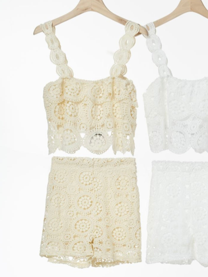 Beige Lace Ruffle Top Short Pant Set