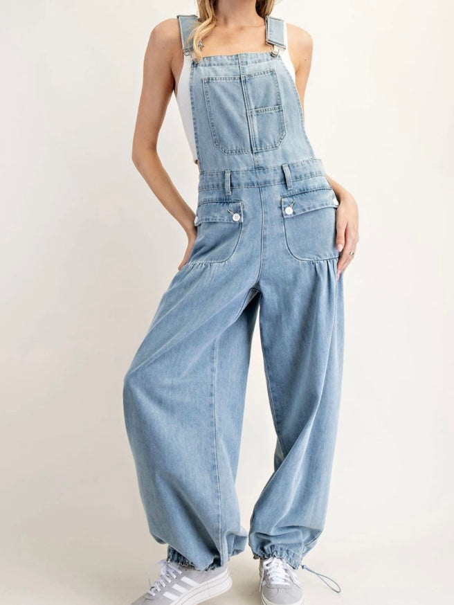 Cinched Denim Flap Pocket Balloon Jumpsuit