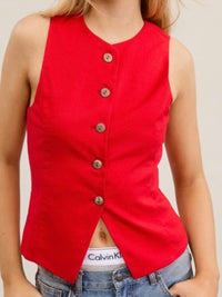 Sleeveless Buttoned Fitted Linen Vest