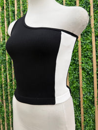Side Stripe Ribbed One Shoulder Tank Top