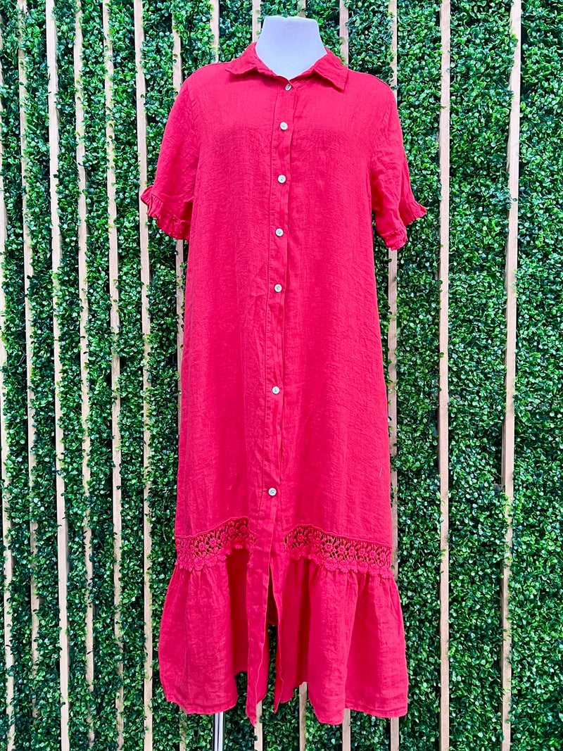 Red Lace Trim Linen Maxi Blouse Dress