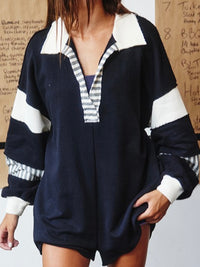 French Terry Black Cream Collared Loose Fit Romper