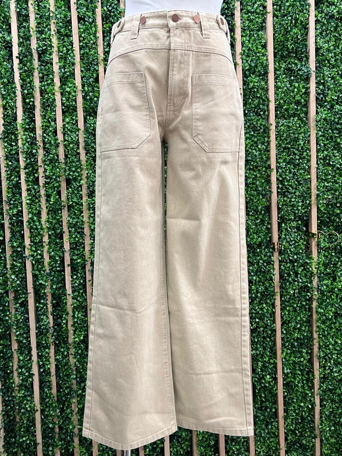 Beige Button Detail Wide Leg Denim Pant