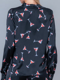 Black Satin Martini Print Button-Up Shirt