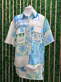 Blue Coastal Mosaic Print Button-Up Shirt