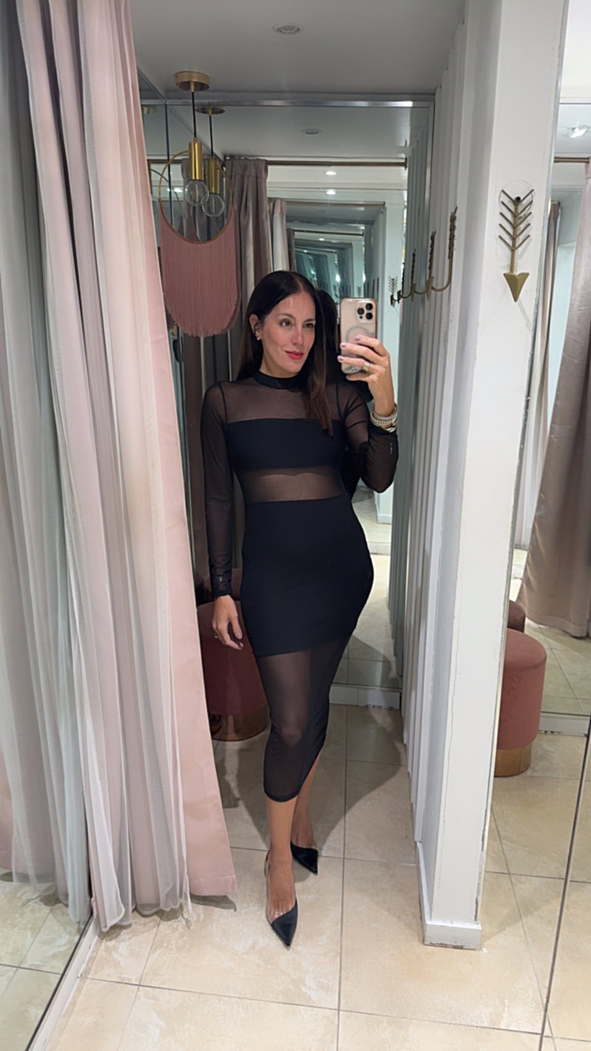 Black Mesh Mixed Detail Midi Long Sleeve Dress