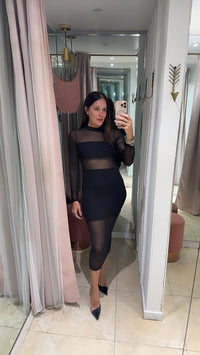 Black Mesh Mixed Detail Midi Long Sleeve Dress
