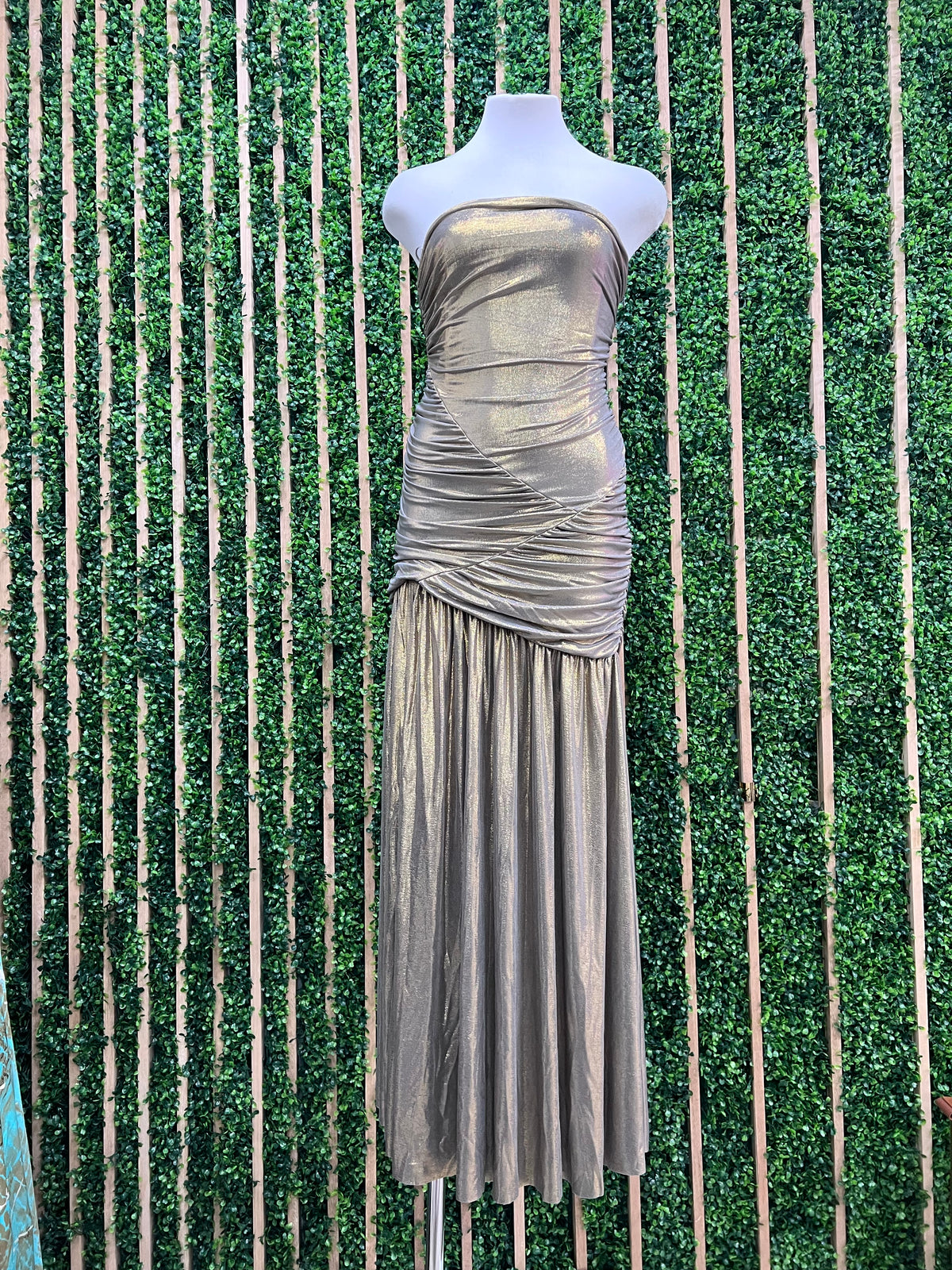 Gold Metallic Strapless Drop Waist Maxi Dress