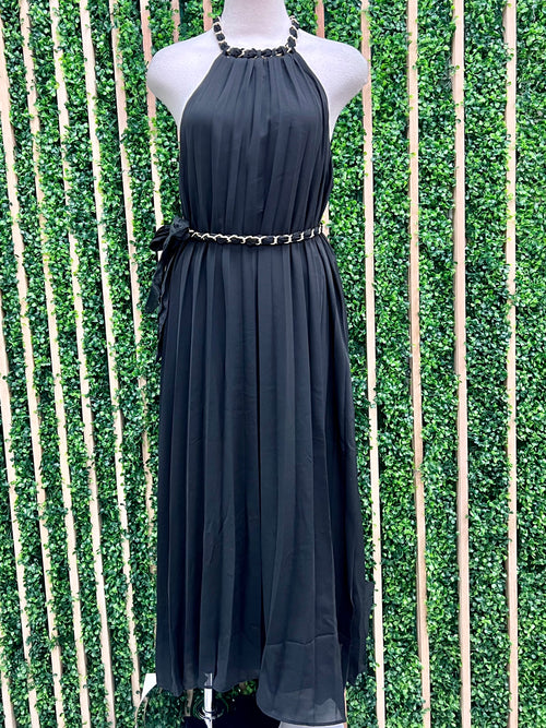 Chain Detail Black Halter Pleated Maxi Dress
