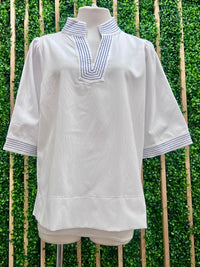 White Navy Coastal Riviera Embroidered Blouse