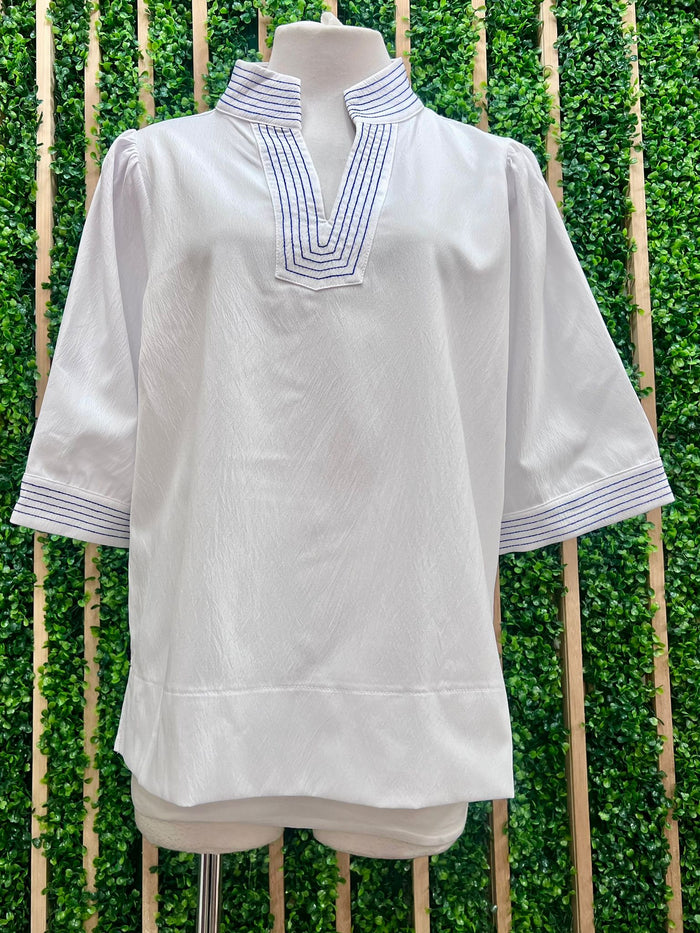 White Navy Coastal Riviera Embroidered Blouse