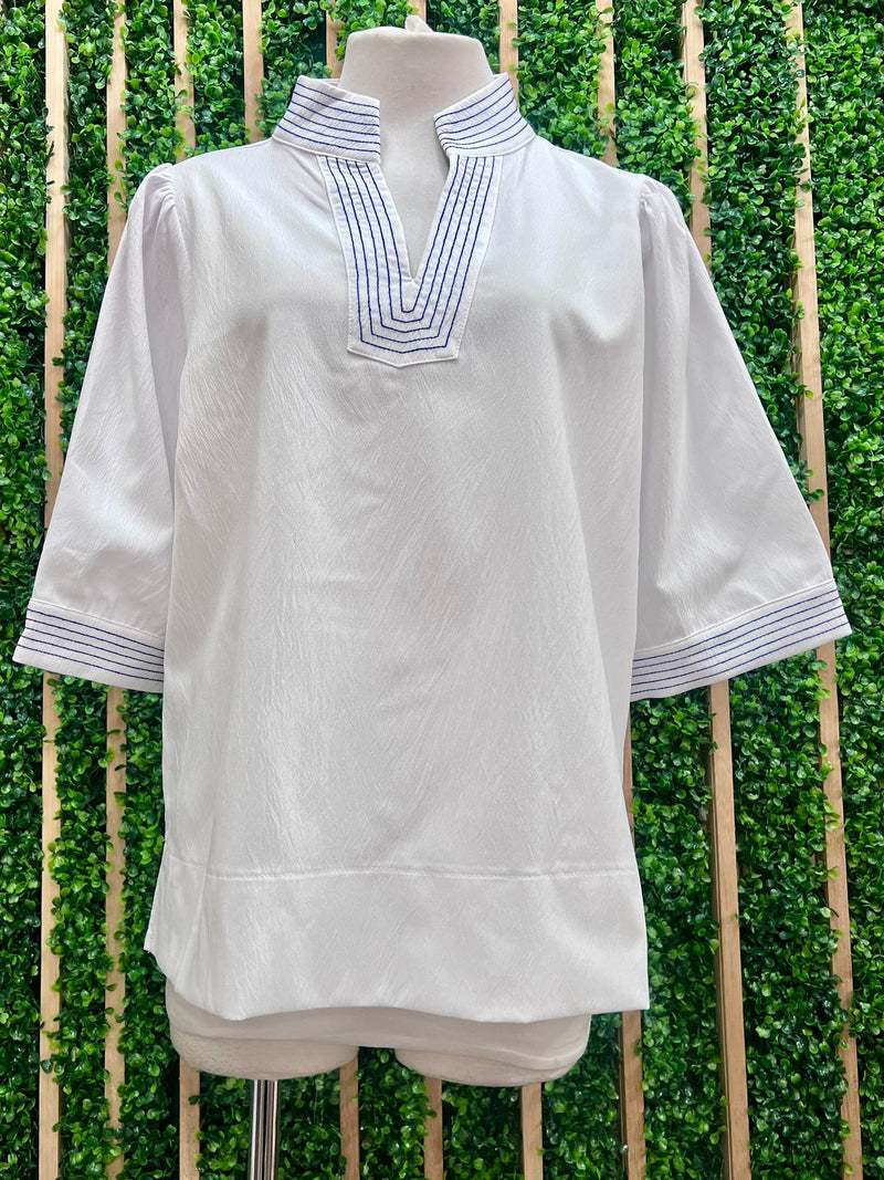 White Navy Coastal Riviera Embroidered Blouse