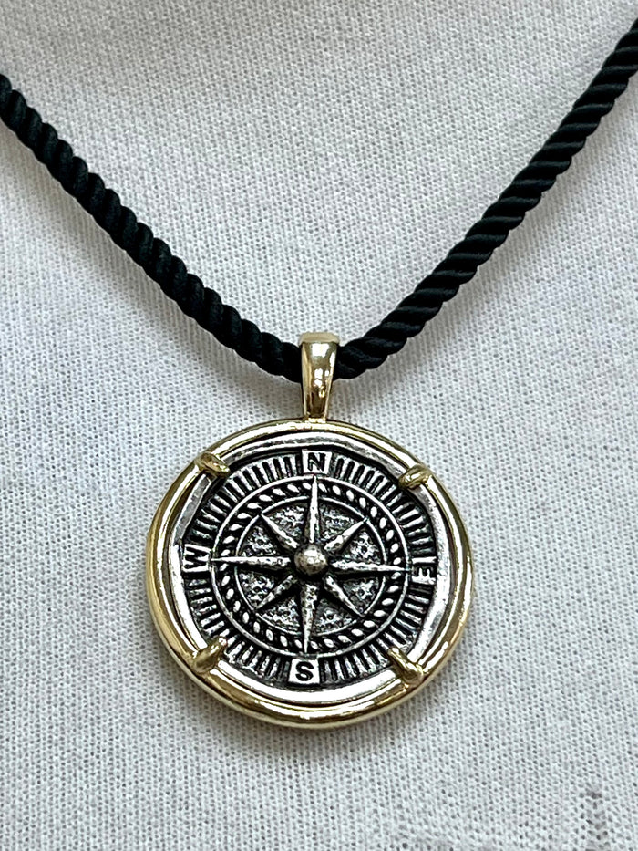 SJ Two-Tone Compass Pendant Cord Necklace