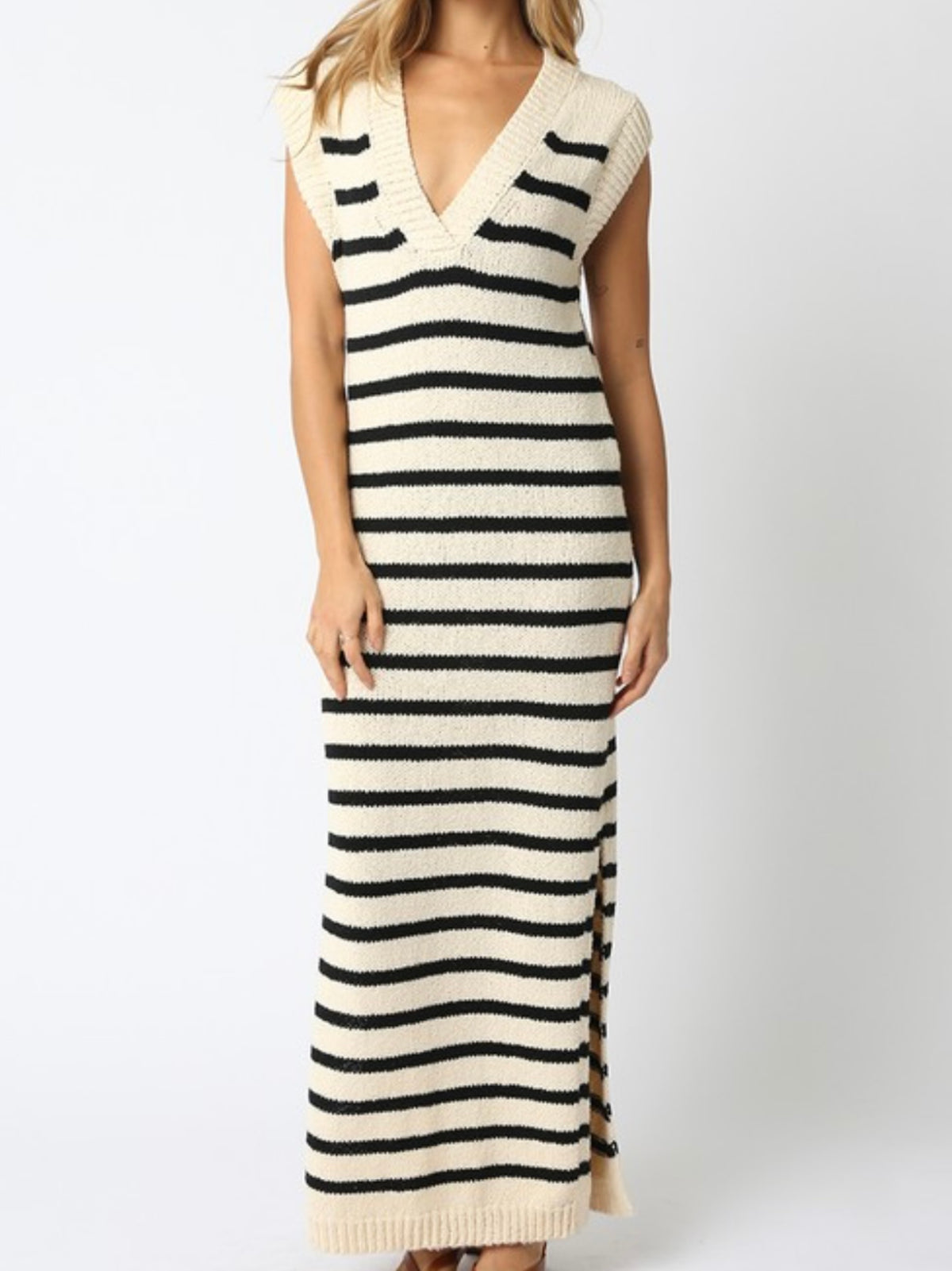 Striped Knit V Neck Sleeveless Maxi Dress