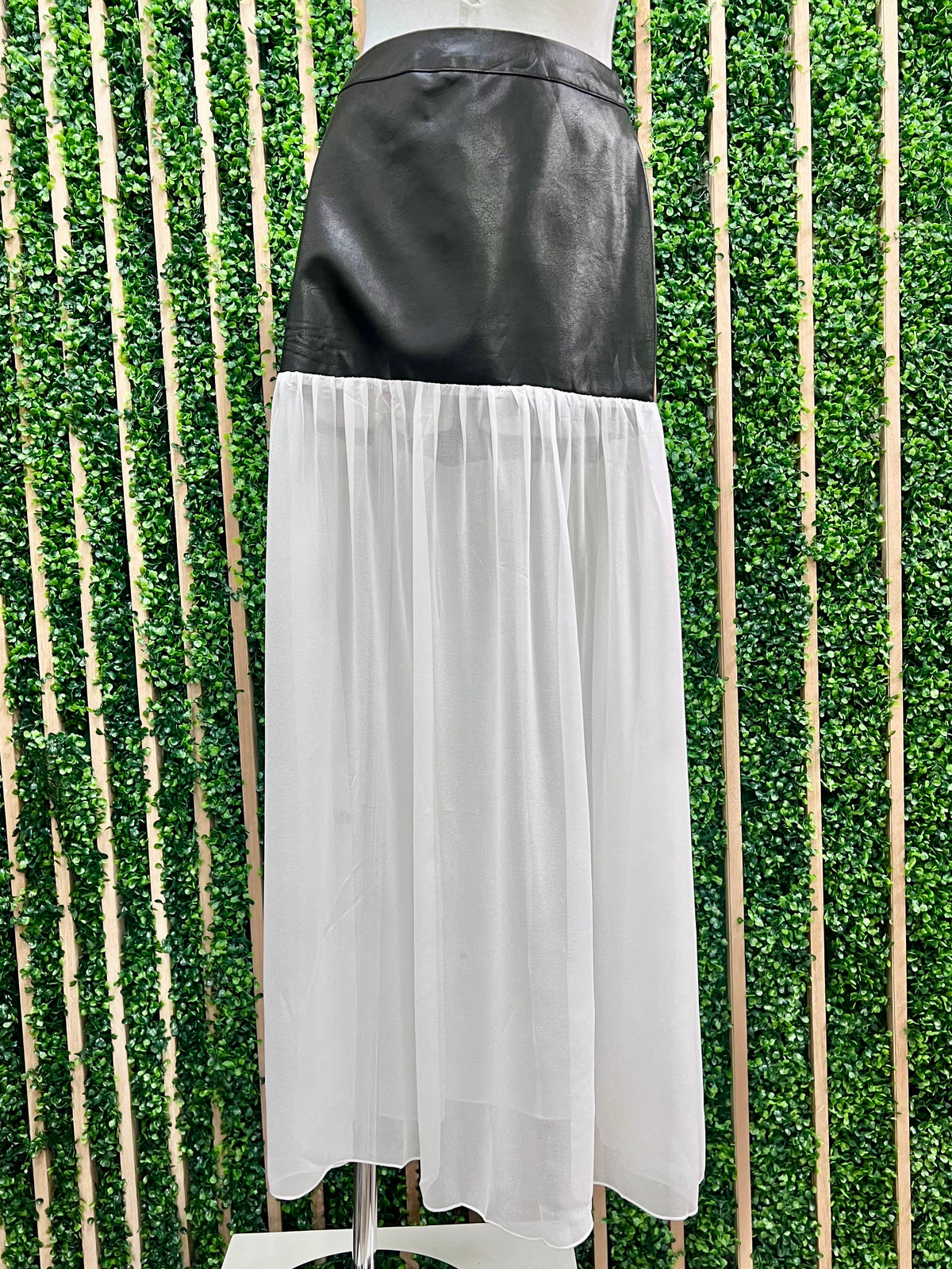 Black Pu Leather & Chiffon Combo Maxi Skirt