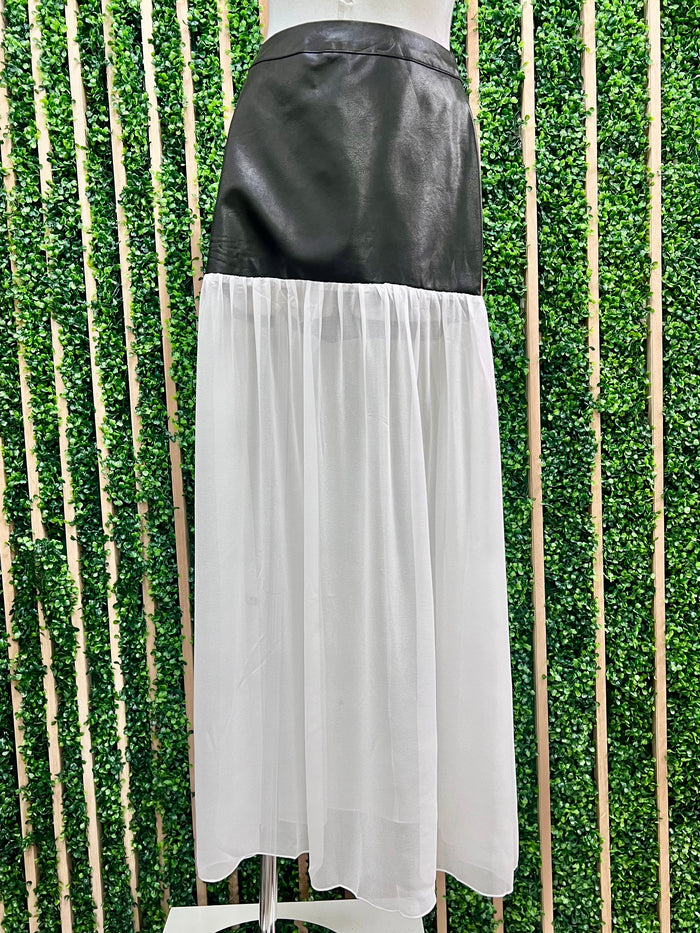 Black Pu Leather & Chiffon Combo Maxi Skirt