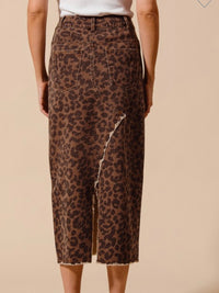 Brown Leopard Side SLit Denim Midi Skirt