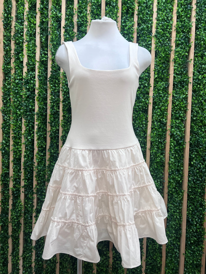 Cream Tiered Ruffle Skirt Sleeveless Short Dress