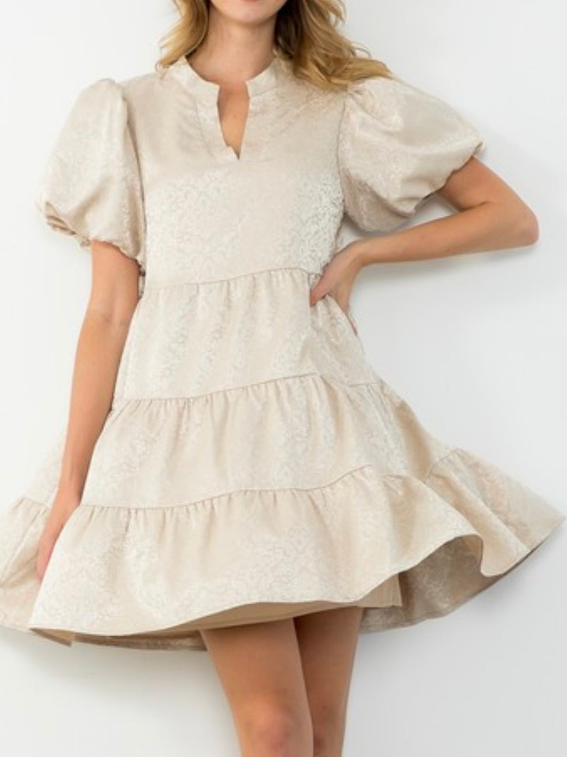 Beige Jacquard Puff Sleeve Dress