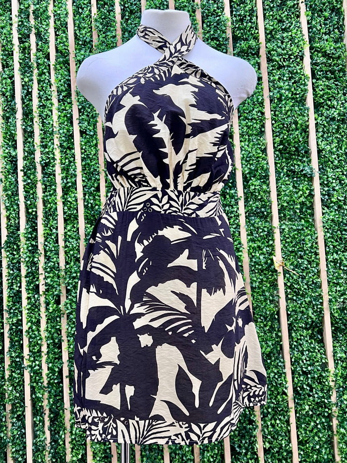 Taupe Black Cross Neck Halter Short Dress