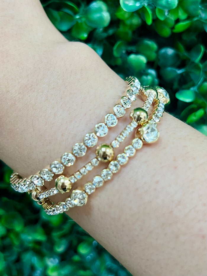 Clear Multi Crystal and Beads Open Bracelet 3 Piece Set