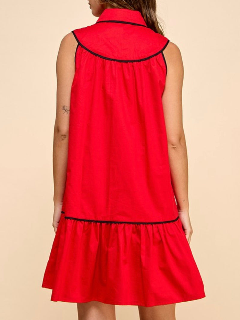 Crimson Sleeveless Collared Trimmed Drop Waist Short Dress