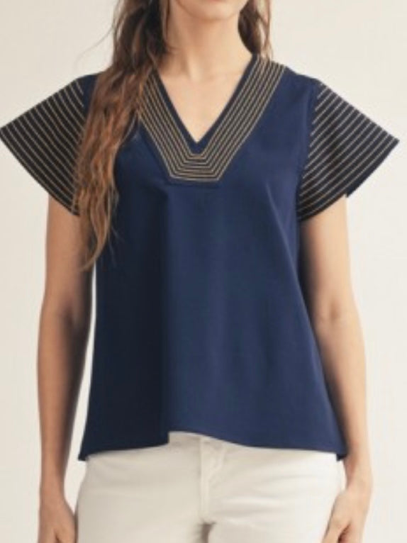Navy Mustard Trim V Neck Flare Sleeves Top