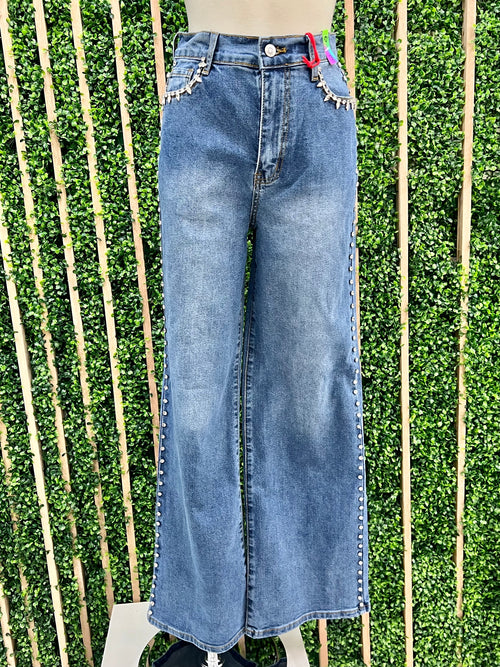 Rhinestone Trimmed Wide Leg Jeans