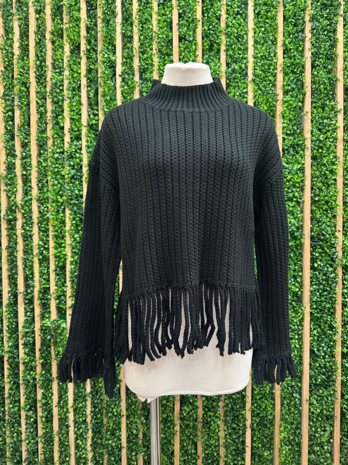Black Tassel Trim Furry Sweater