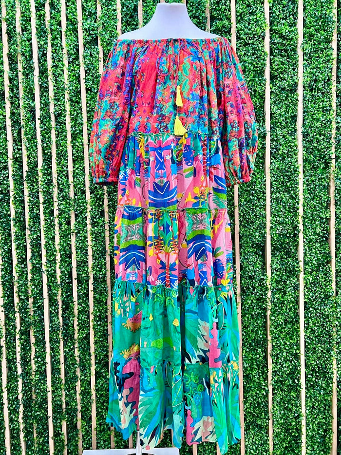 Boho Red Print Off Shoulder Maxi Dress