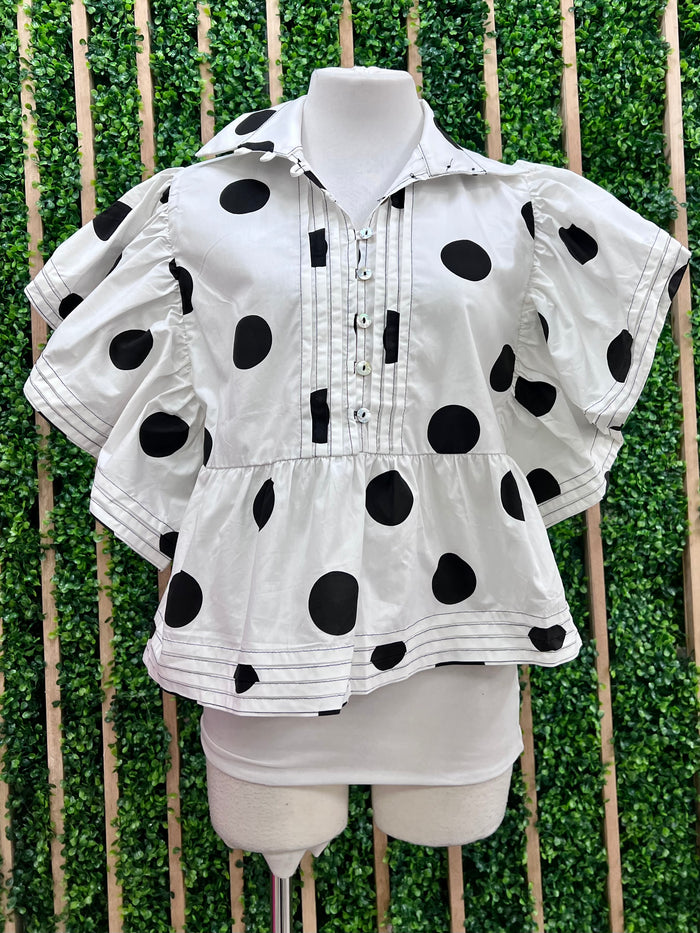 Polka Dot Ruffle Sleeve Blouse
