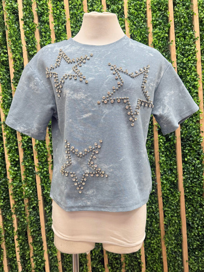 Blue Rhinestone Detail Star T Shirt