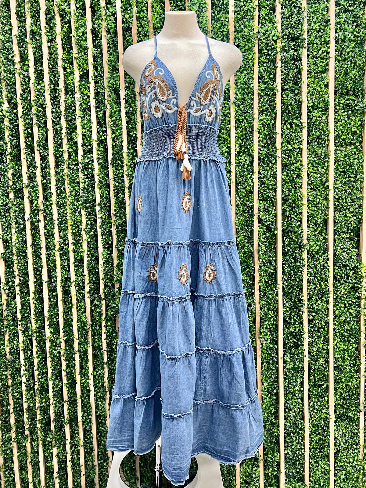 Beautiful Denim Embroidered V Neck Tiered maxi Dress