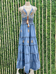 Beautiful Denim Embroidered V Neck Tiered maxi Dress