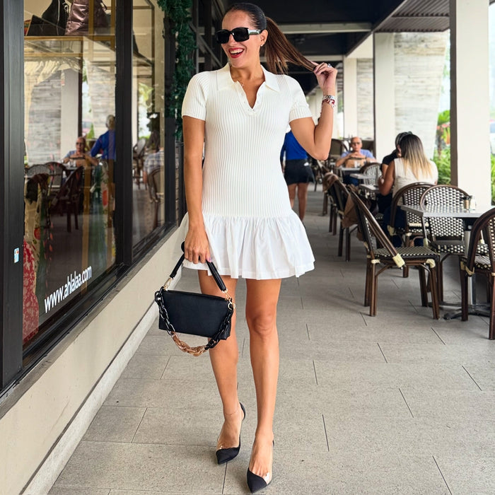 Off White Polo Knit Short Sleeve Drop Waist Dress