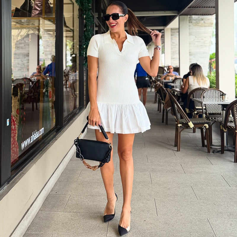 Off White Polo Knit Short Sleeve Drop Waist Dress