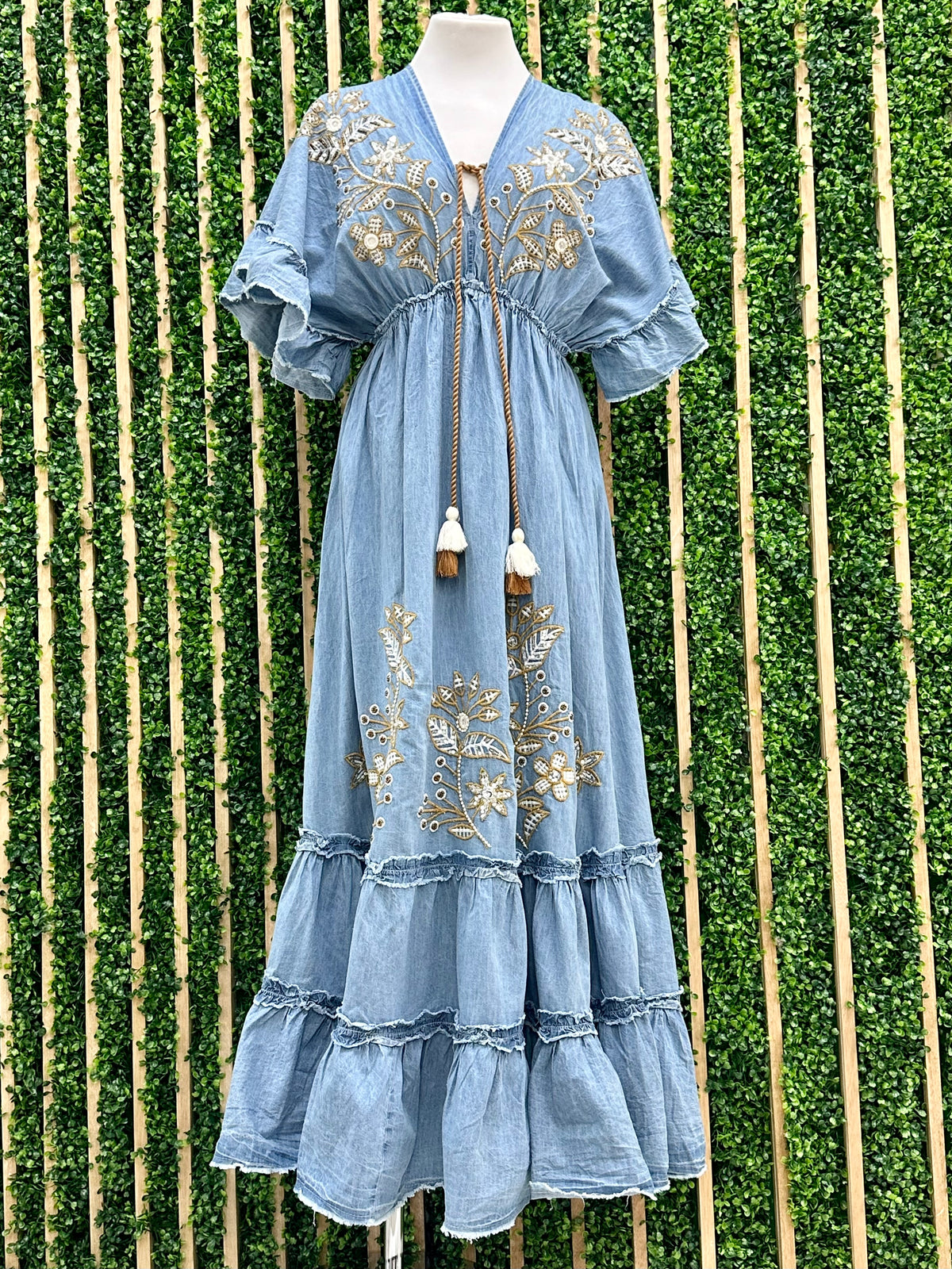 Denim Embroidered Kimono Maxi Dress
