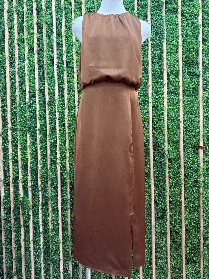 Mocha Silky Side Slit Midi Dress