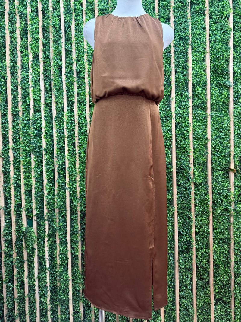 Mocha Silky Side Slit Midi Dress