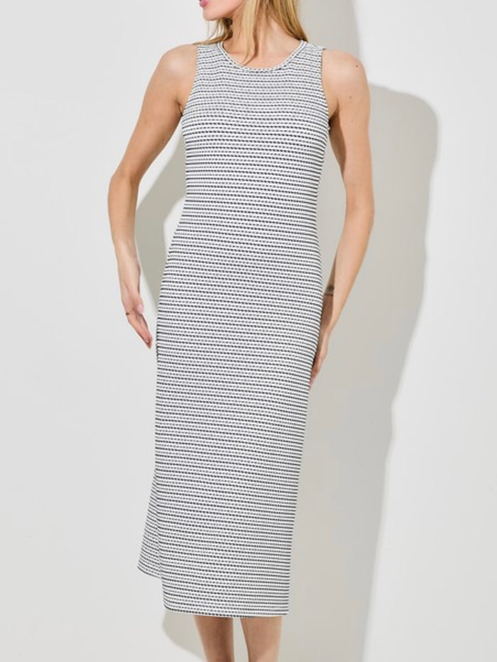 Ivory Navy Striped Dot Midi Dress