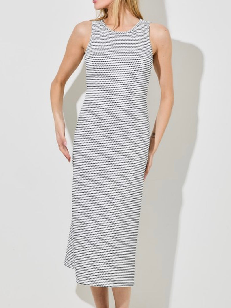 Ivory Navy Striped Dot Midi Dress