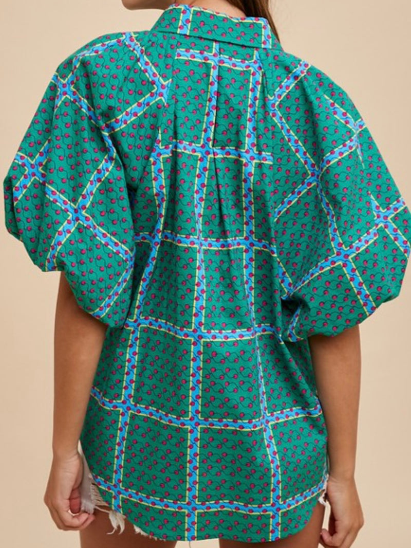 Kelly Green Print Blouse Bubble Sleeve