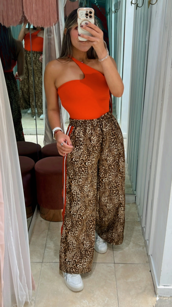 Red Side Stripe Trim Leopard Wide Leg Pant