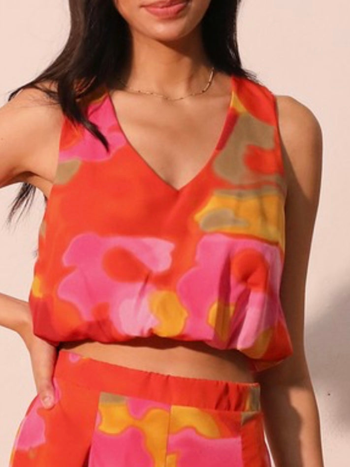 Sunset v Neck Neck Satin Crop Top